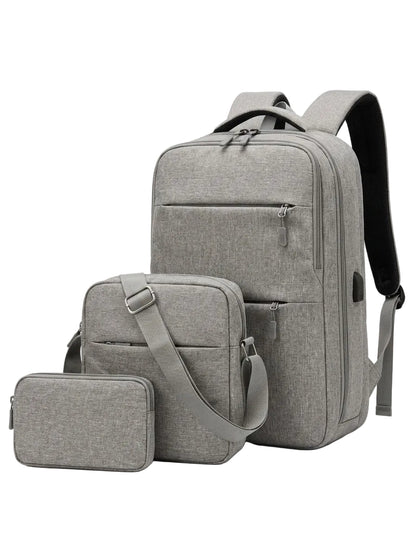 3-Piece USB Charging Backpack Set – Laptop Bag, Shoulder Bag & Pouch