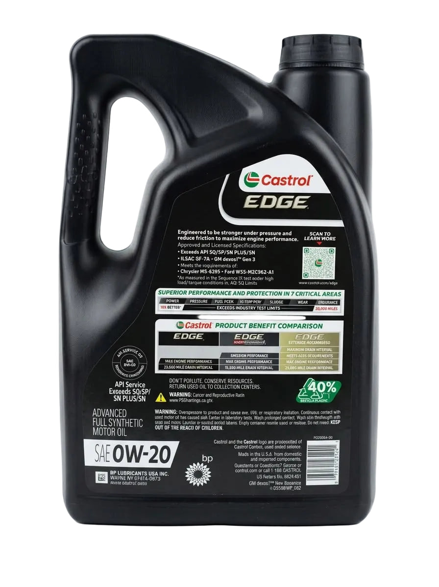 Castrol EDGE 0W-20 Advanced Full Synthetic Motor Oil, 5 Quarts (4.73L)