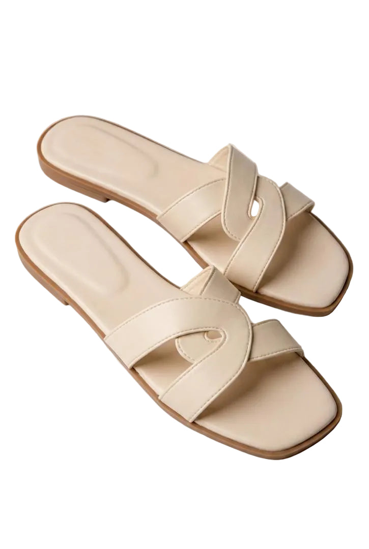 Women's H-Style Flat Slides – Classic Slip-On Sandals | Beige & Black
