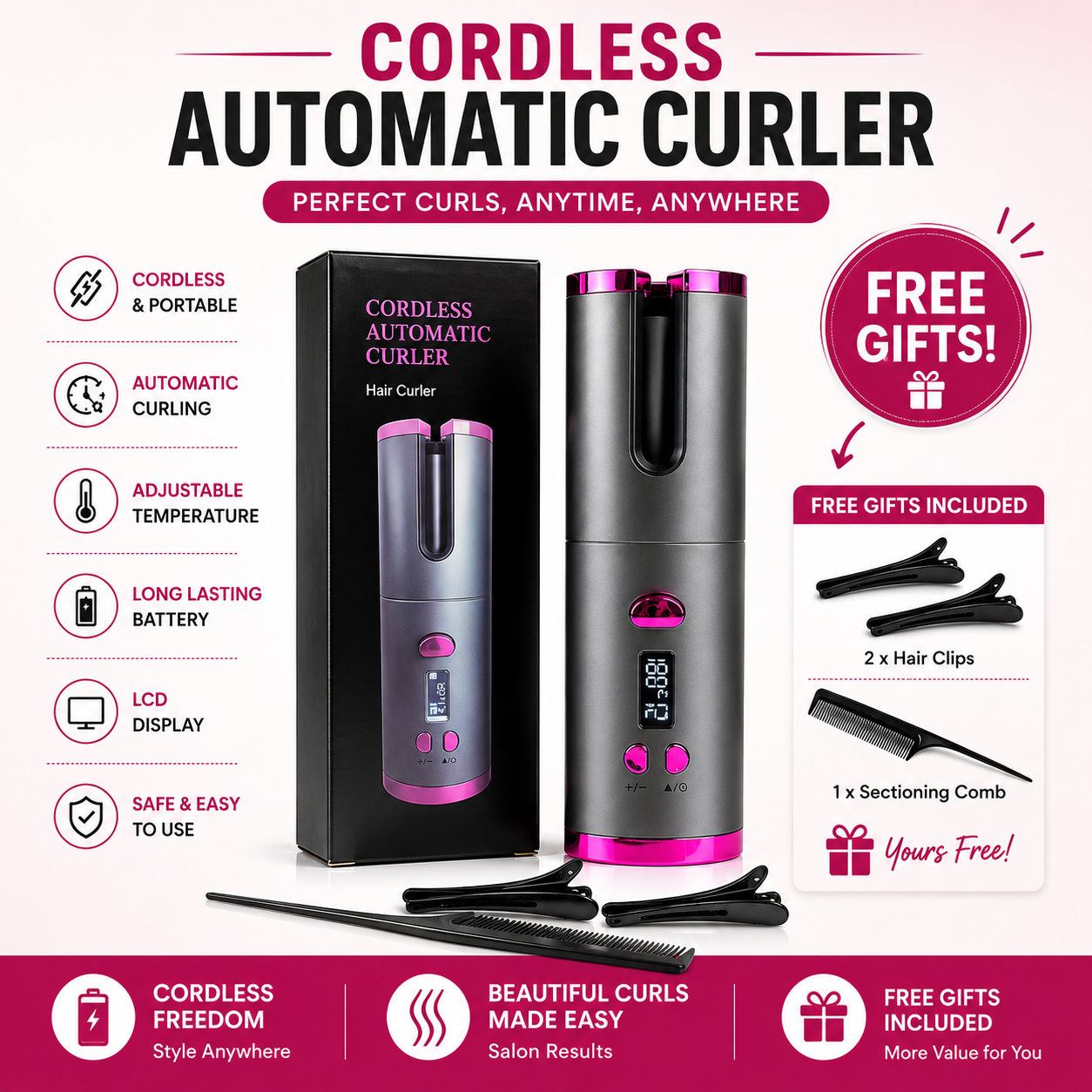 Automatic Hair Curler – Wireless Cordless Curling Iron | USB Rechargeable | LCD Display