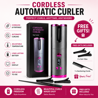 Automatic Hair Curler – Wireless Cordless Curling Iron | USB Rechargeable | LCD Display