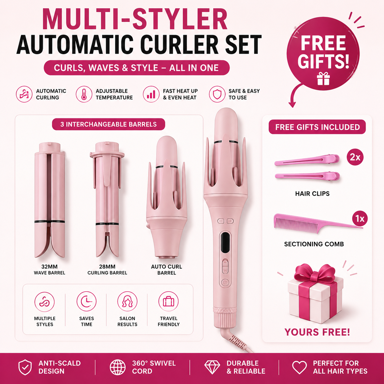 3-in-1 Automatic Curling Iron – Interchangeable Barrels 26/32/40mm | Negative Ions | 3 Heat Settings