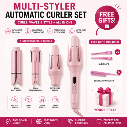 3-in-1 Automatic Curling Iron – Interchangeable Barrels 26/32/40mm | Negative Ions | 3 Heat Settings