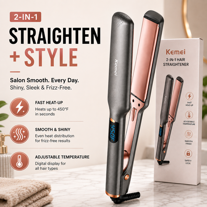 Kemei KM-3137 2-in-1 Hair Straightener & Curler – Ceramic Plates | LCD | 90s Fast Heat