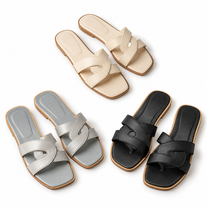 Women's H-Style Flat Slides – Classic Slip-On Sandals | Beige & Black