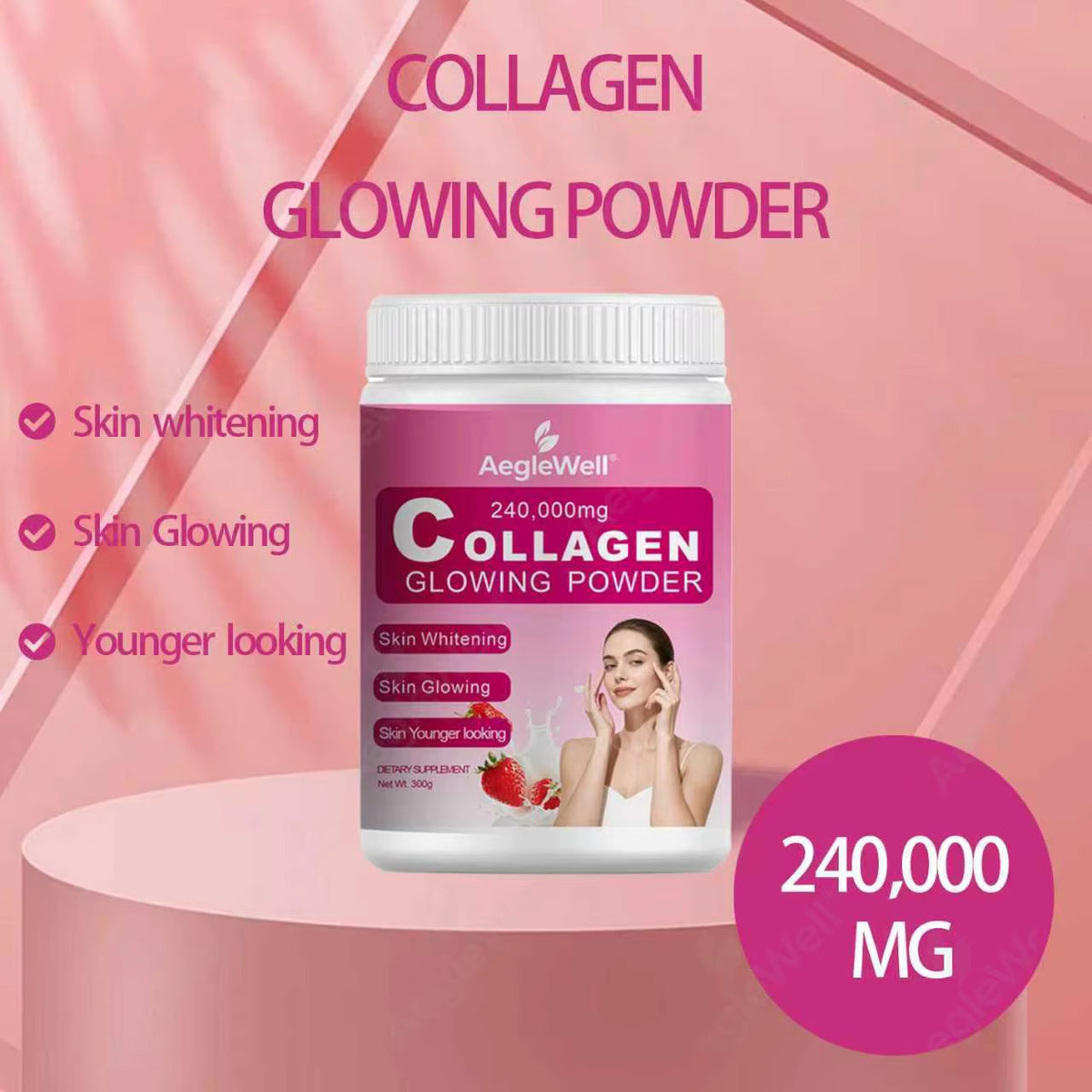 AegleWell Collagen Glowing Powder – Strawberry, 300g