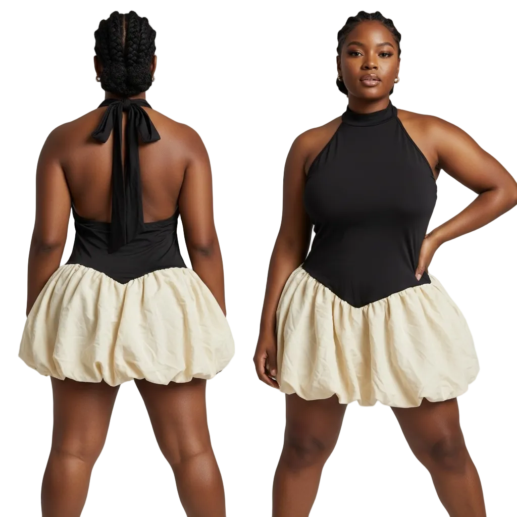 Black & Cream Bubble Hem Mini Dress