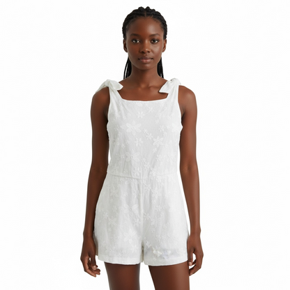 White Floral Embroidered Romper