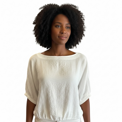 White Textured Boat Neck Blouse