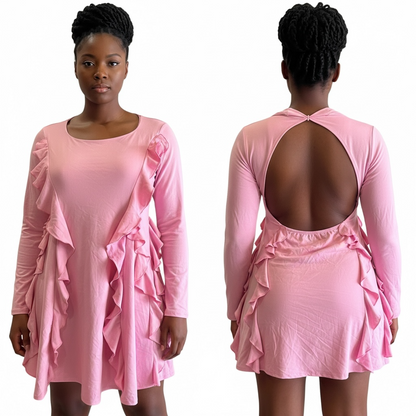 Pink Ruffle Open-Back Mini Dress