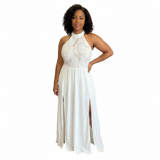 Lace Halter Double-Slit Maxi Dress