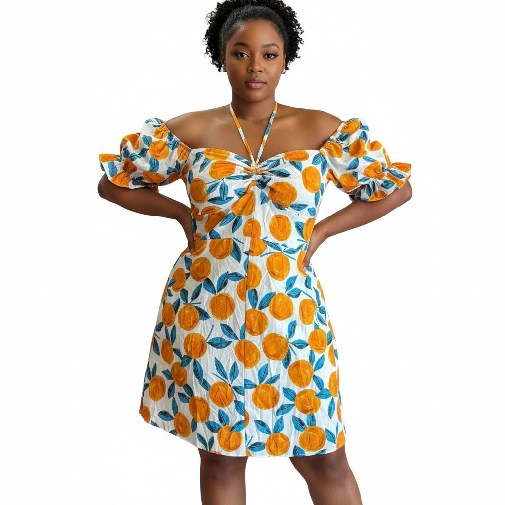 Orange Print Puff Sleeve Halter Dress