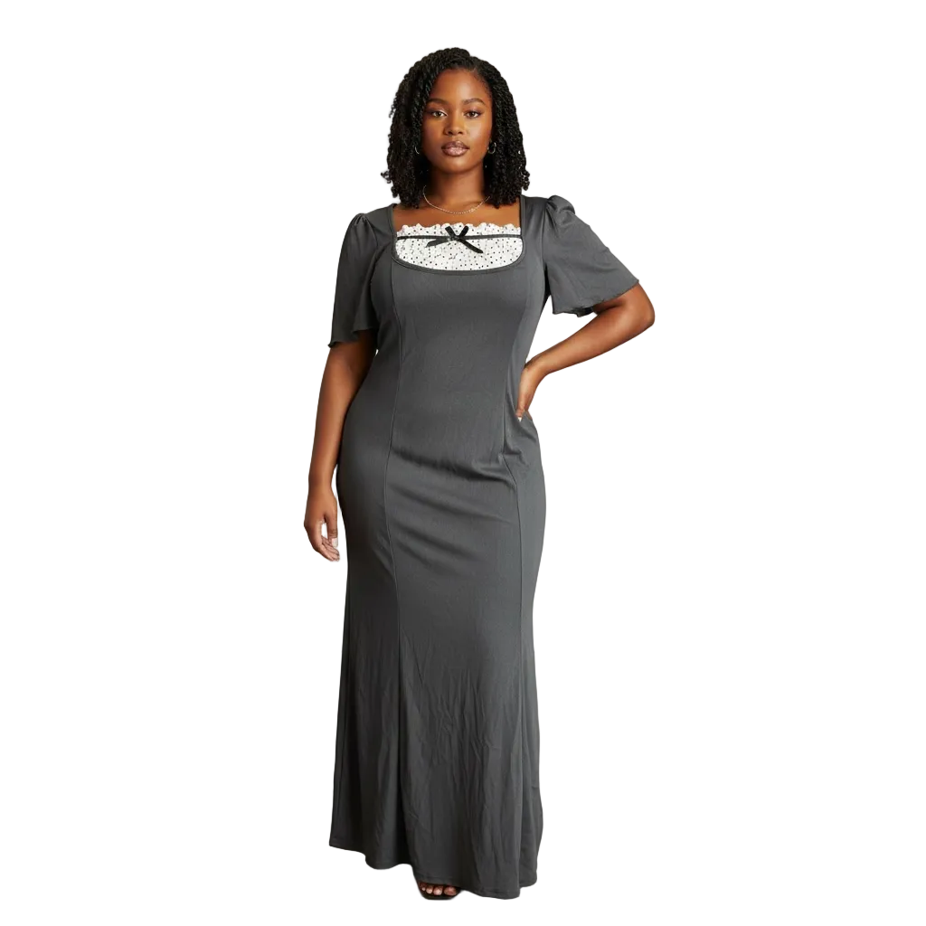 Charcoal Lace-Trim Puff Sleeve Maxi Dress