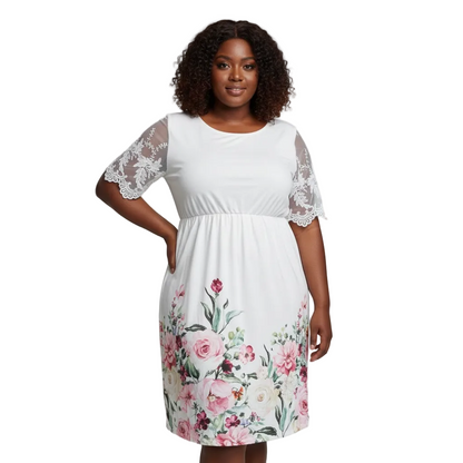 White Floral Lace-Sleeve Midi Dress