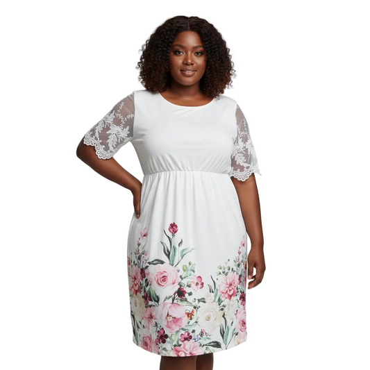 White Floral Lace-Sleeve Midi Dress
