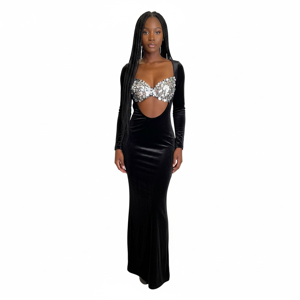 Black Velvet Crystal Cut-Out Gown
