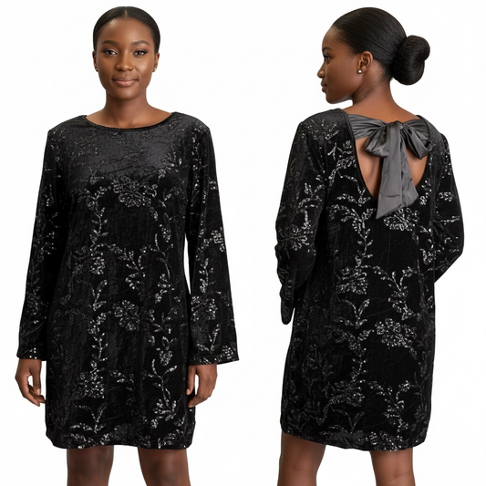 Black Sequin Velvet Bow-Back Mini Dress
