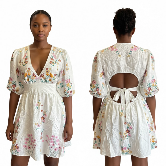 White Floral Cut-Out Mini Dress
