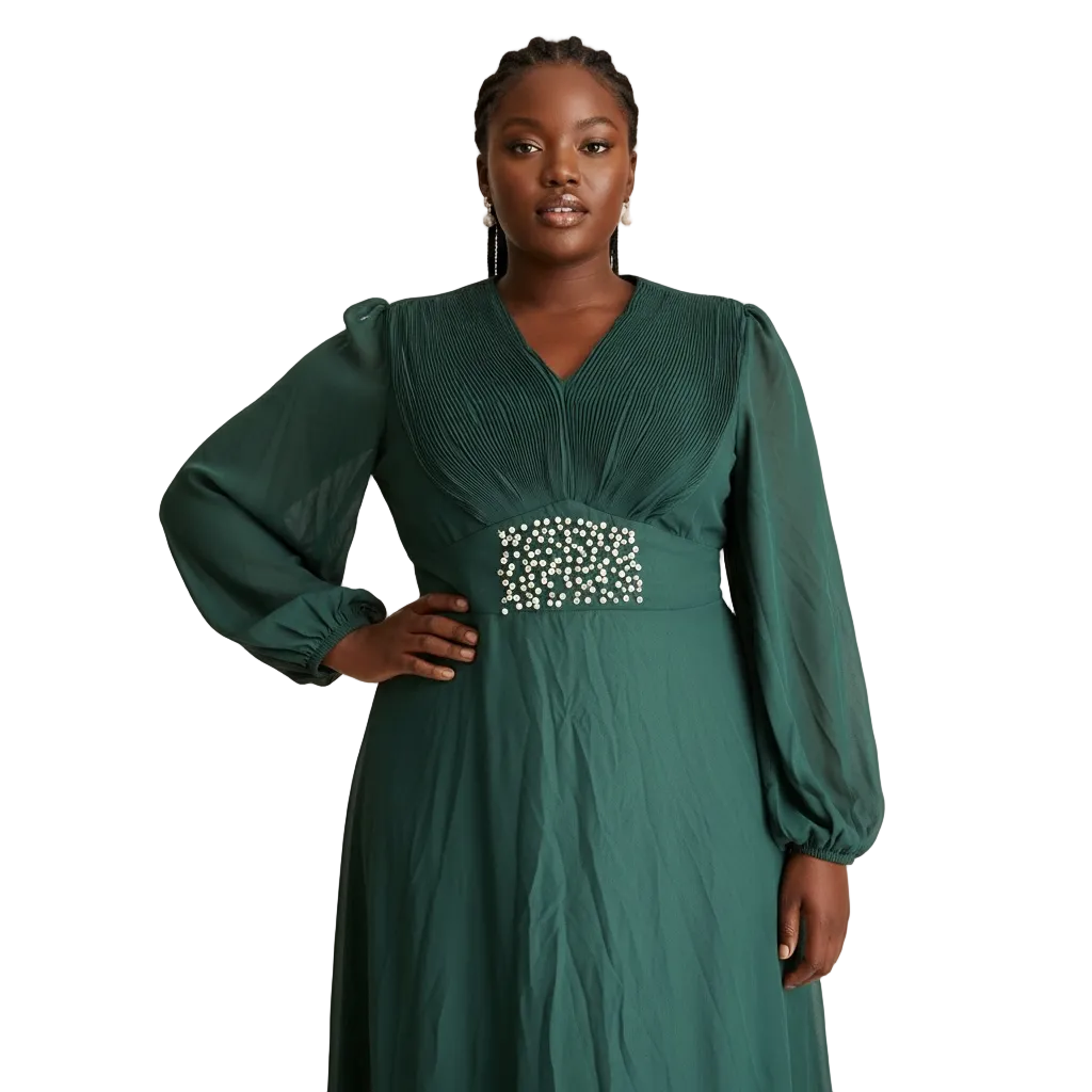 Emerald Green Pearl-Detail Maxi Dress