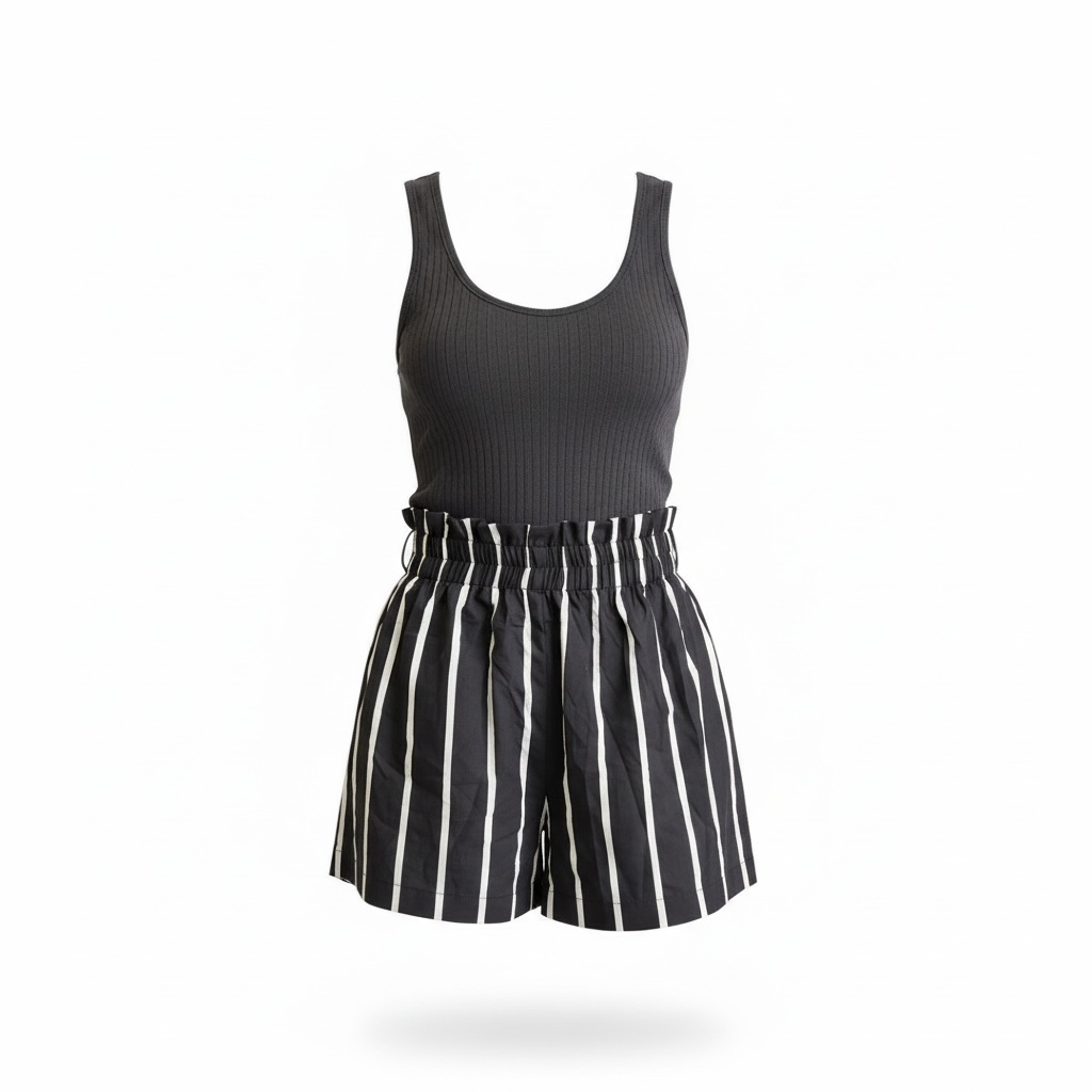 Charcoal Ribbed Tank & Stripe Shorts Set