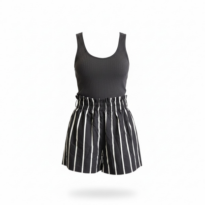 Charcoal Ribbed Tank & Stripe Shorts Set