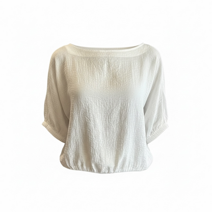 White Textured Boat Neck Blouse