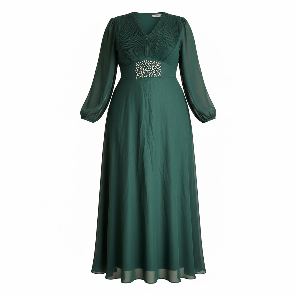 Emerald Green Pearl-Detail Maxi Dress