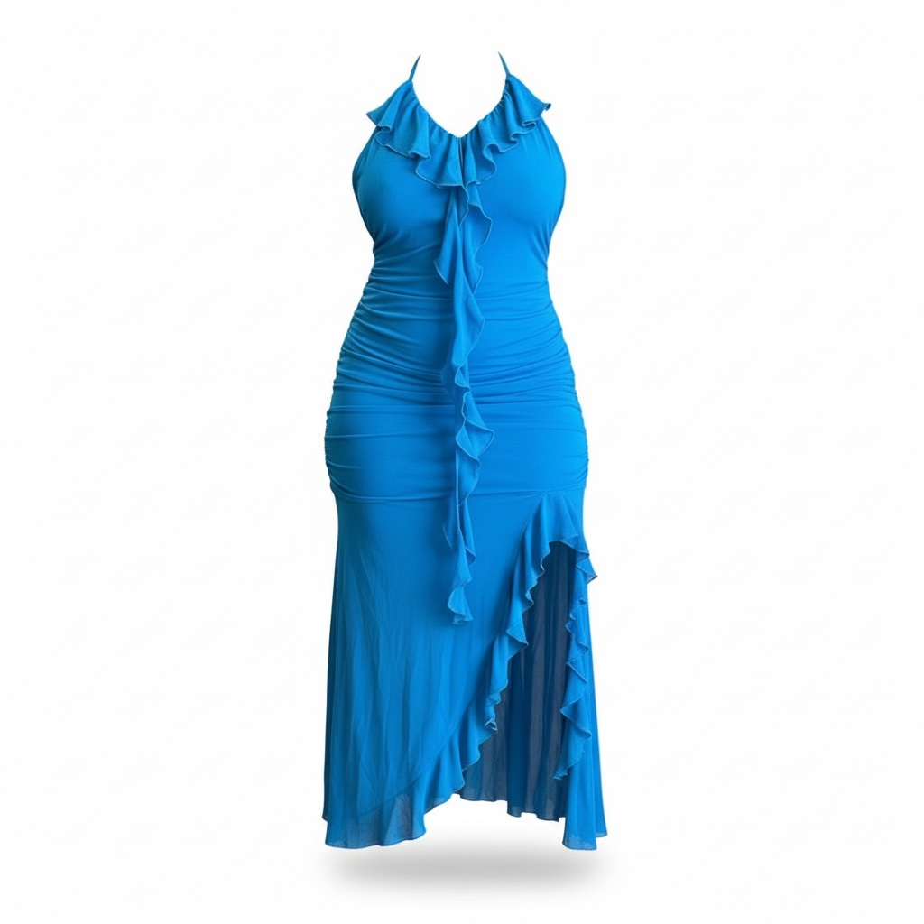 Cobalt Ruffle Halter Maxi Dress