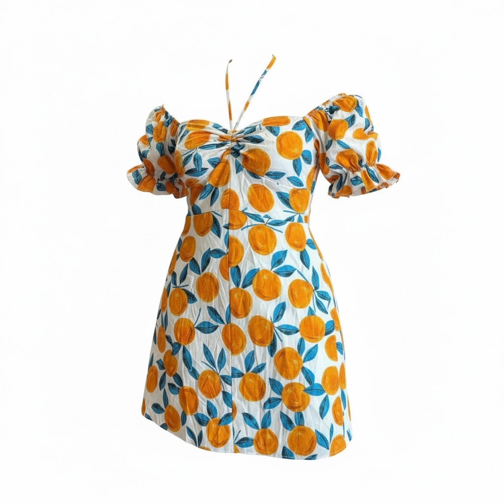 Orange Print Puff Sleeve Halter Dress