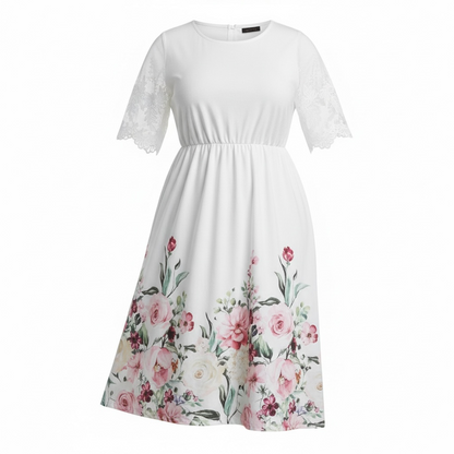 White Floral Lace-Sleeve Midi Dress
