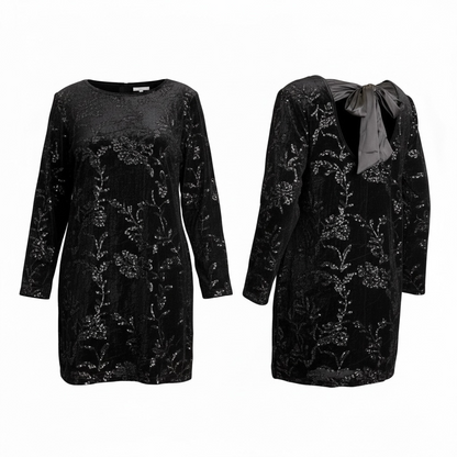 Black Sequin Velvet Bow-Back Mini Dress