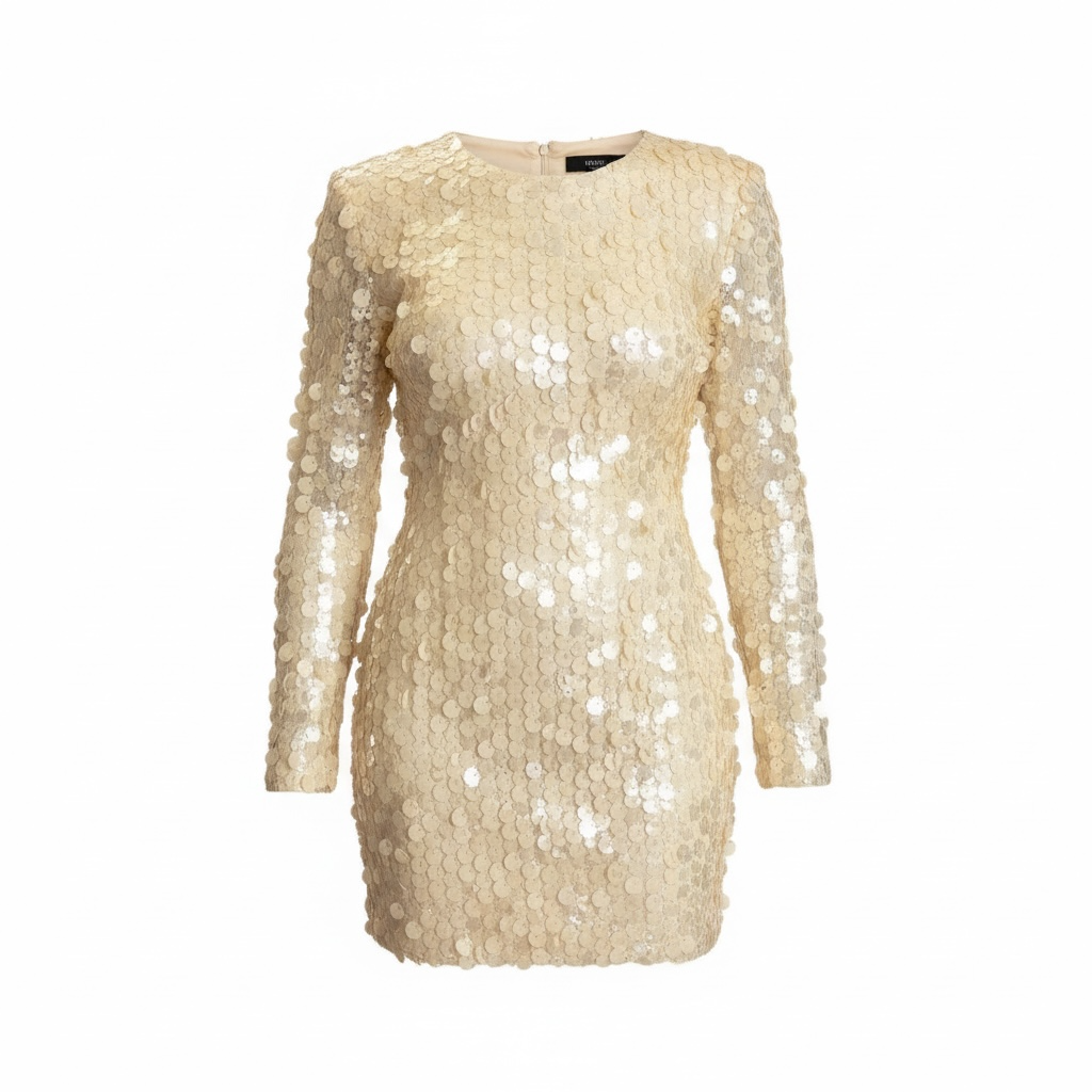 Champagne Sequin Long-Sleeve Mini Dress