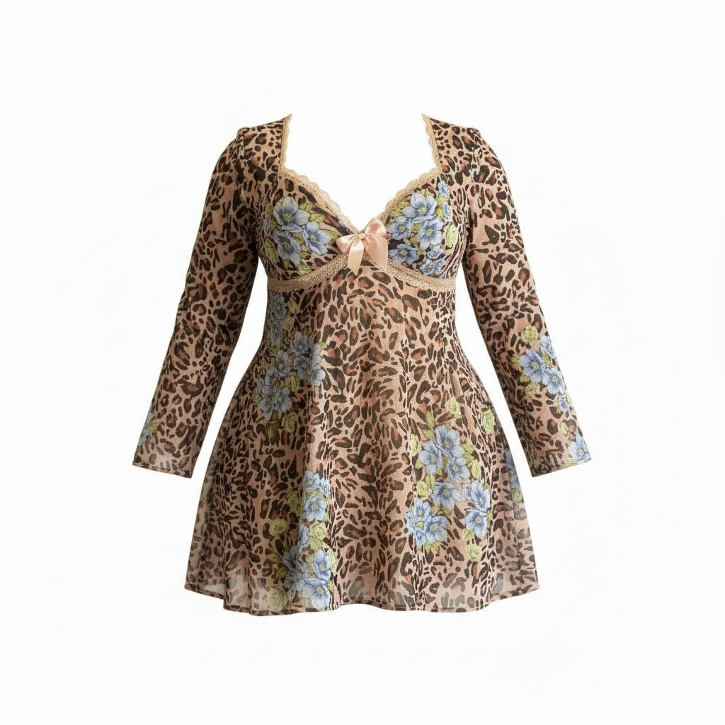 Leopard Print Lace-Trim Mini Dress
