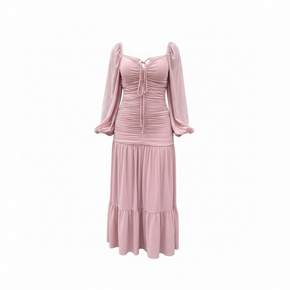 Dusty Rose Ruched Puff Sleeve Midi Dress