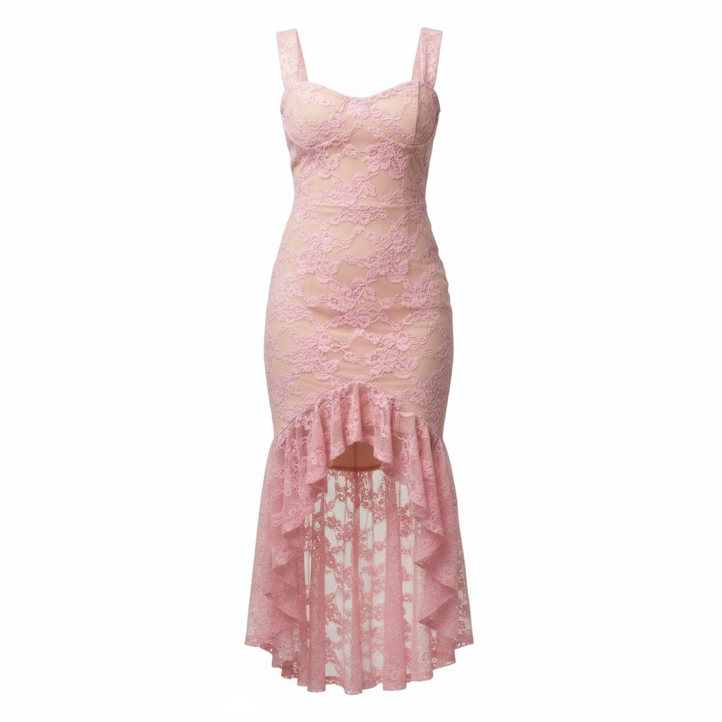 Pink Lace Illusion Midi Dress