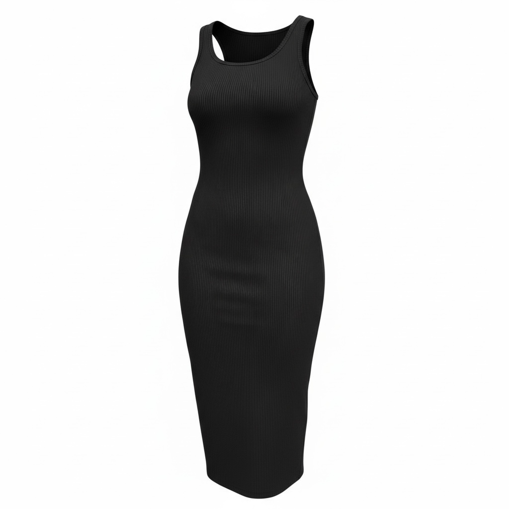 Black Ribbed Scoop-Neck Midi Dress