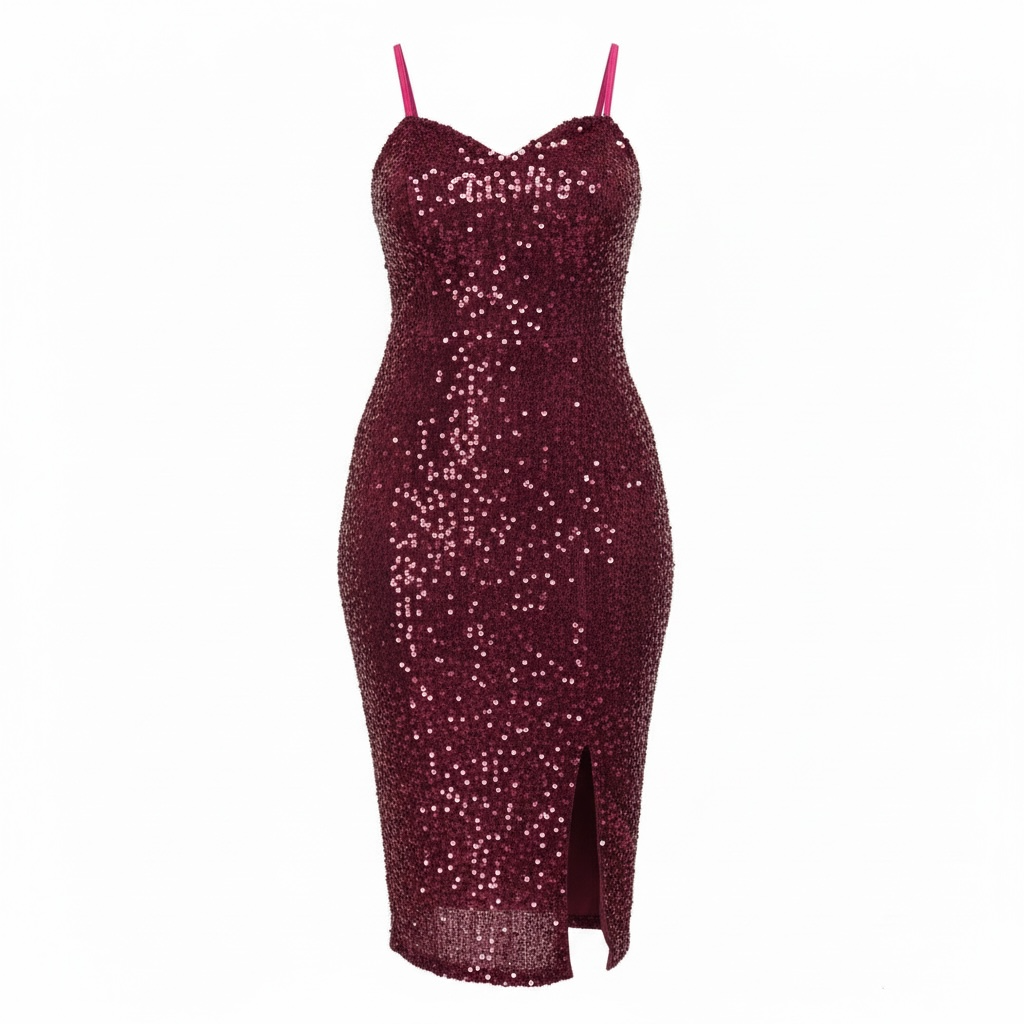 Sparkling Burgundy Sequin Midi Dress