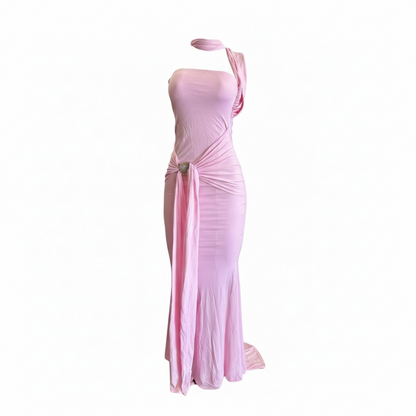 Candy Satin One-Shoulder Draped Maxi Dress