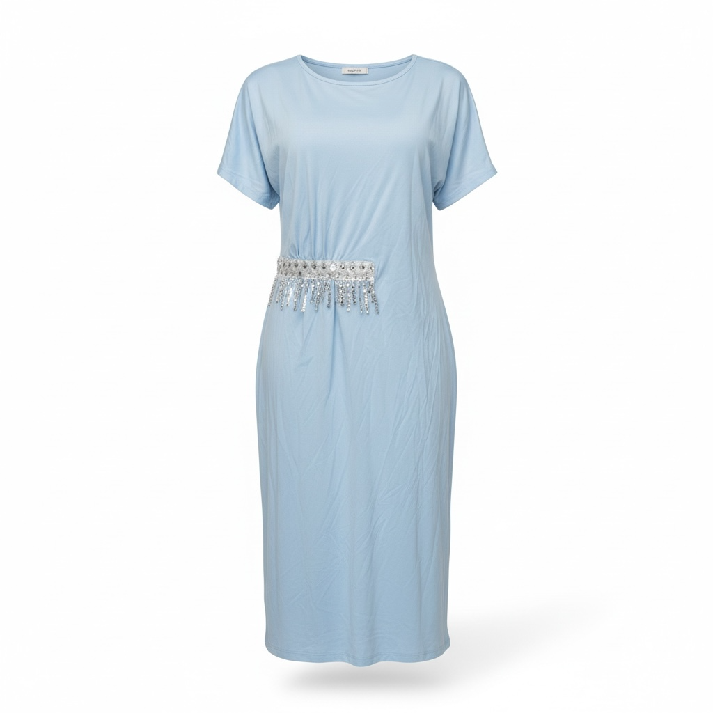 Powder Blue Beaded Fringe Midi Dress
