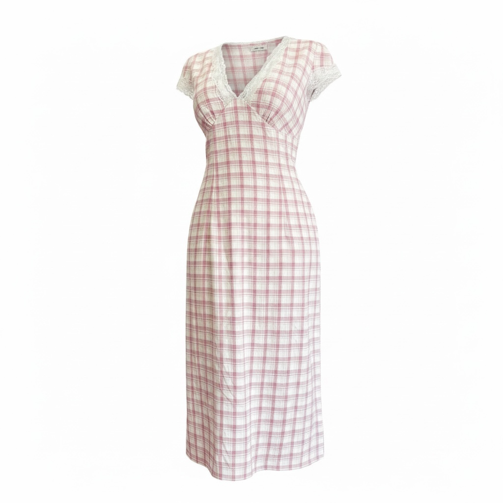 Pink Plaid Lace-Trim Midi Dress – "Effie Charm"