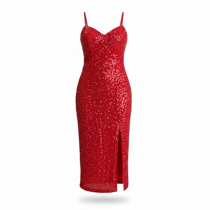 Fiery Red Sequin Slip Midi Dress