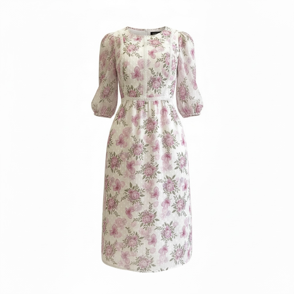 Floral Lace-Trim Puff-Sleeve Midi Dress