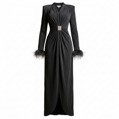 Charcoal Shimmer Feather-Trim Maxi Gown