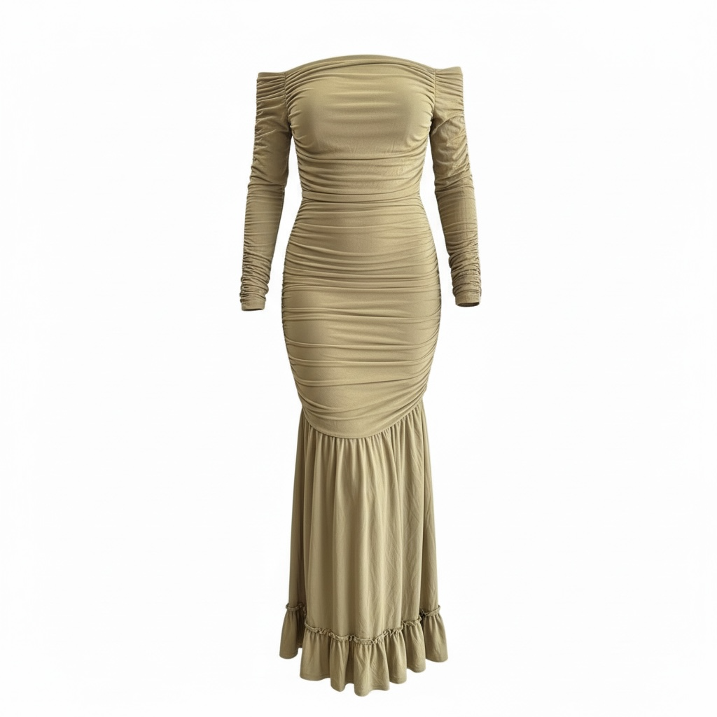 Khaki Ruched Off-Shoulder Maxi Gown