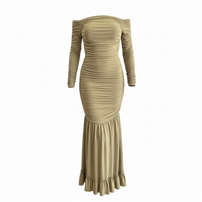 Khaki Ruched Off-Shoulder Maxi Gown