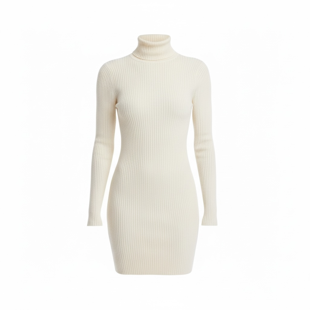 Cream Ribbed Turtleneck Mini Dress