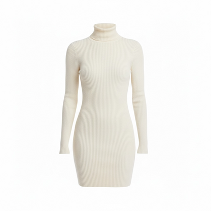 Cream Ribbed Turtleneck Mini Dress
