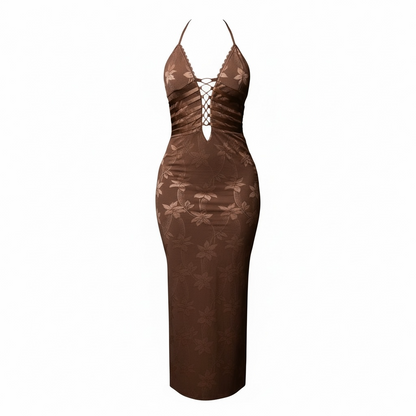Chocolate Lace-Up Halter Maxi Dress