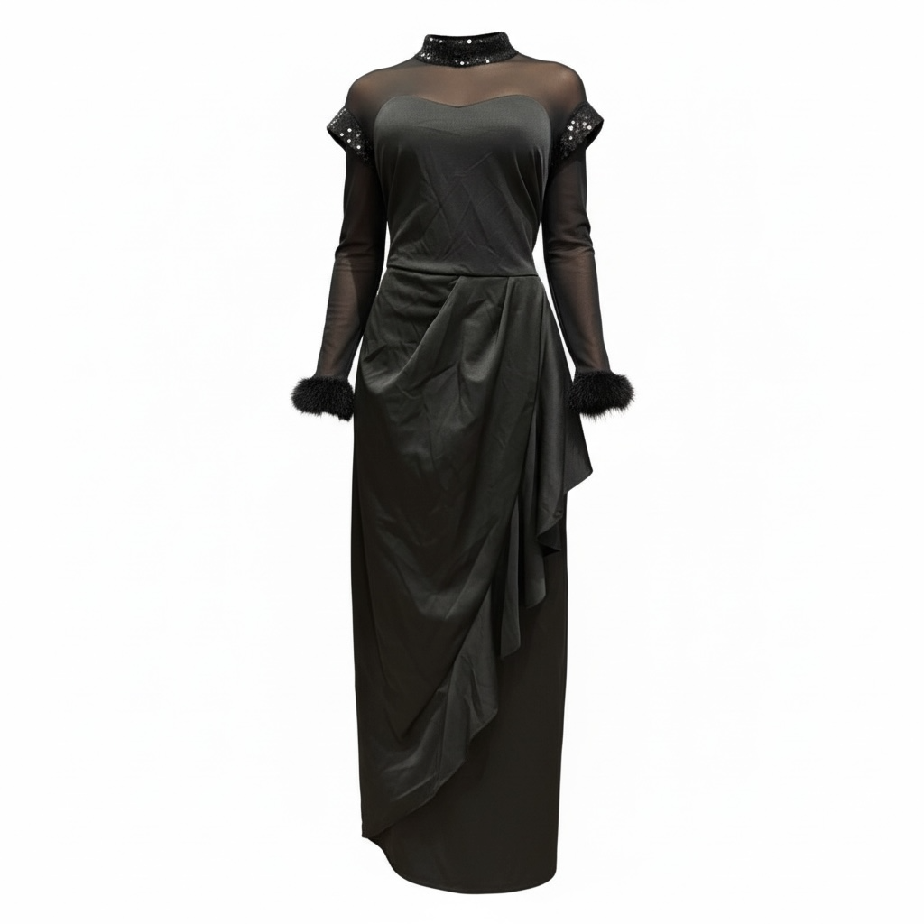 Gilded Noir Embellished Mesh & Satin Maxi Dress