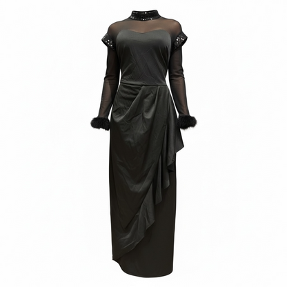 Gilded Noir Embellished Mesh & Satin Maxi Dress